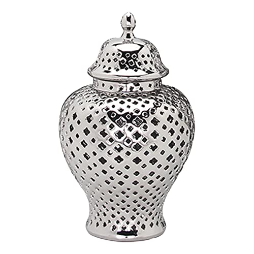 Tarro de jengibre plateado tradicional con tapa, jarrón decorativo y farol perforado, artesanía, elegante decoración del hogar para sala de estar y cocina