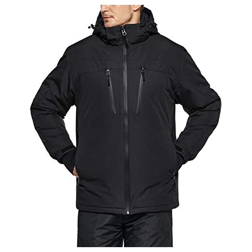 TSLA Men's Winter Ski Jacket, Waterproof Warm Insulated Snow Coats, Cold Weather Windproof Snowboard Jacket with Hood, Multipocket Ski Jacket Black, Medium