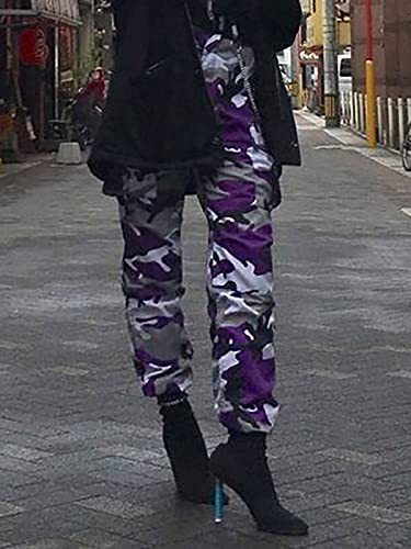 Zodlls Women's Camo Pants Cargo Trousers Cool Camouflage Pants Elastic Waist Casual Multi Jogger Pants With Pocket Purple Camo-Xl #TOP4
