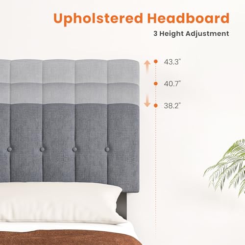Sweetcrispy King Size Bed Frame - Fabric Upholstered Platform Bed with Headboard, 800LBS Sturdy Wooden Slats Support, No Box Spring Needed, Noise Free, Easy Assembly, Grey