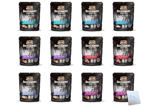 Huge Grain Free Wet Cat Food Pouches for Merrick-Backcountry - All 6 Flavors: Beef, Chicken, Whitefish, Turkey, Duck, and Rabbit - Plus Pet Paws Notepad (3oz Each, 12 Pouches Total)