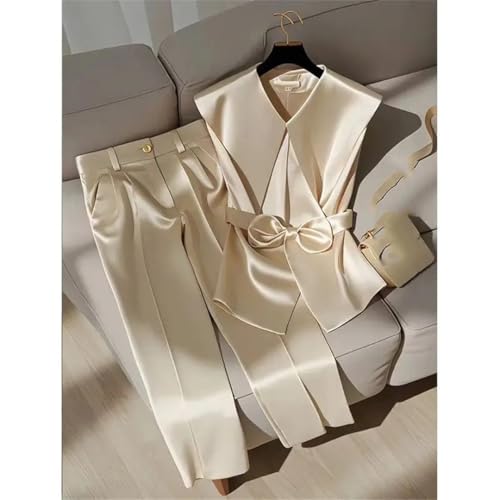 Alloaone Women's Beige Satin Two Piece Set - Elegant Sleeveless Vest and High Waist Wide Leg Pants for Effortless Summer Style - Image 2