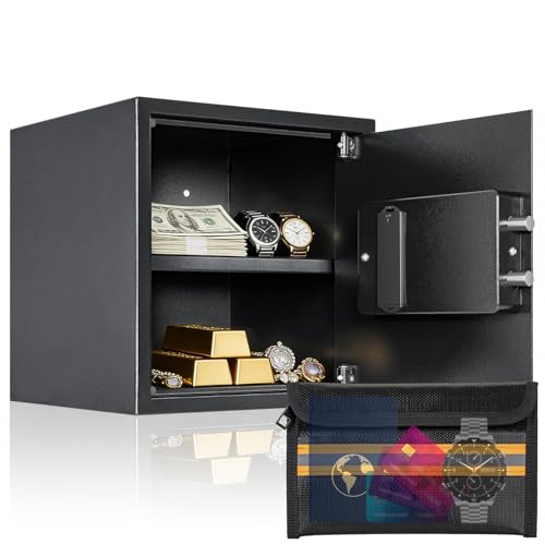 OUUTMEE 45L Tresor Feuerfest mit Feuerfester Wasserdichter Dokumententasche, mit Kombinationsschloss + Schlüssel, Geeignet für die Aufbewahrung von Bargeld, Schmuck und Dokumenten, Schwarz