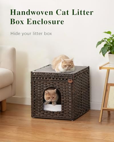Image of SETVSON Cat Litter Box Enclosure, PE Rattan Hidden Kitty House, Brown | PE Rattan Kitty House, Reversible Double-Sided Pad, Litter Mat, 2 S-Hooks, Iron Frame, 18.5x20.5x19.1 In Cat Cabinet