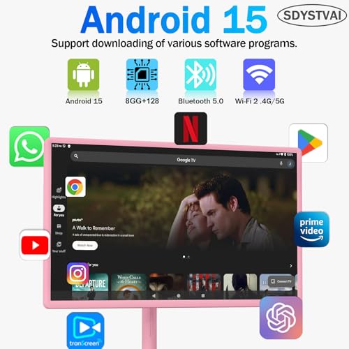 Image of 32 inch FHD Smart Portable TV, Rolling TV on Wheels, Android 15 OS, 8G +128GB Storage, Portable Touch Screen Monitor, EDLA Certified, 8MP Camera, 6-8 Hour Battery, Swivel Design, Voice Remote