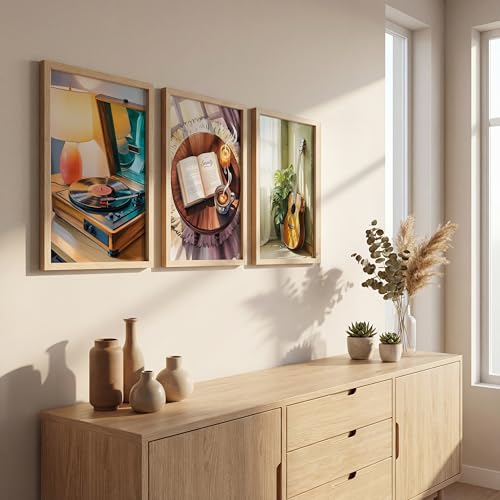 Image of NoWorries Modern Aesthetic Wall Art Framed Painting Set of 3 | Vintage Record Player, Coffee Book & Acoustic Guitar Prints with Frame | Cozy Lifestyle Music Decor Frames for Living Room, Bedroom and Studio, Minimal Contemporary Framed Artwork Ready to Hang (Art-7, 10x13inch, Wooden)