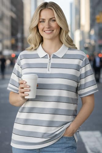 Image of Mack Jonney Women's Striped Polo T-Shirt | Half Zip Collar | Half Sleeve Cotton Casual Top | Relaxed Fit-M7496