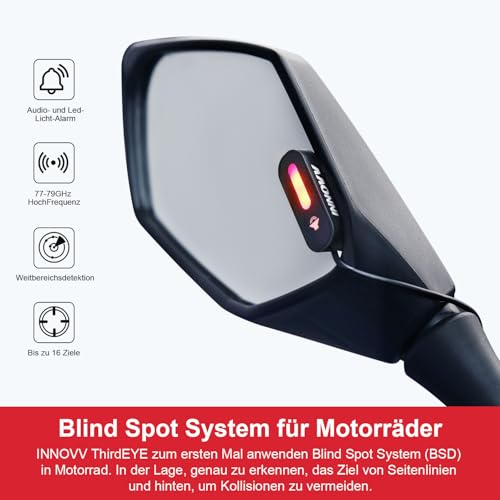 INNOVV ThirdEye Motorrad Toter-Winkel Assistent mit ak, und opt, Alarm, Wasserdichtes Motorrad Assistenzsystem erkennt Gefahren von der Seite und Hinten, Für Motorräder, E-Bike (Spiegel Version)