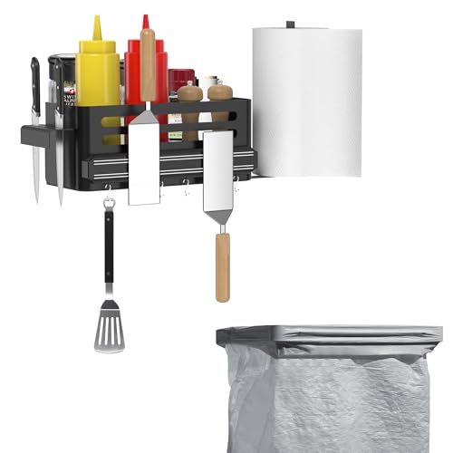 Griddle Caddy with Trash Bag Holder - Grill Magnetic Tool Holder - Grill Caddy for Outdoor - Carbon Steel - BBQ for Outdoor with Paper Towel Holder