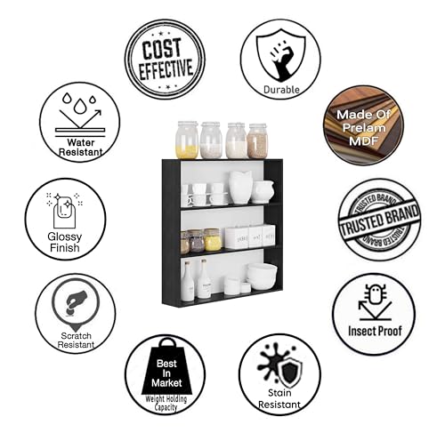 Image of Dime Store Wooden Kitchen Shelf Racks Wall Shelf Rack for Kitchen Storage Boxes Spice Jars Rack Wall Mounted (Standard, Black)