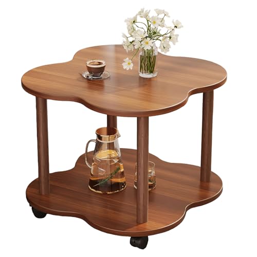 lcvtos 2-Tier Clover Side Table with Wheels, Vintage Walnut Finish, Small Coffee Table or Bedside Table for Living Room, Bedroom, Balcony – 50 x 50cm (Dark Walnut, Brake)
