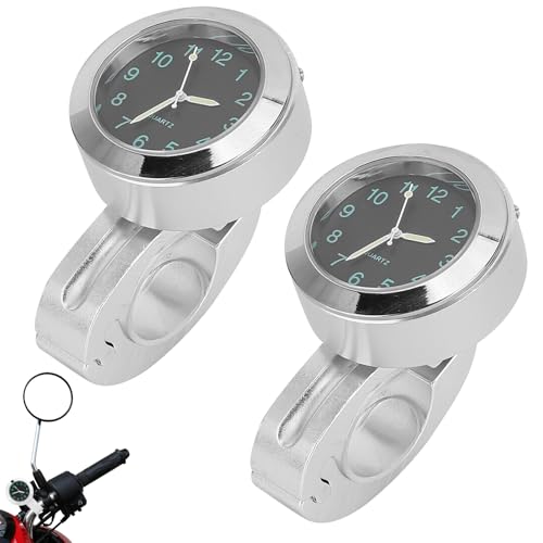 WIYETY Lot de 2 montres de moto lumineuses : horloge de moto étanche pour guidon, horloge moto, accessoires de vélo, diamètre 22-25 mm - argent