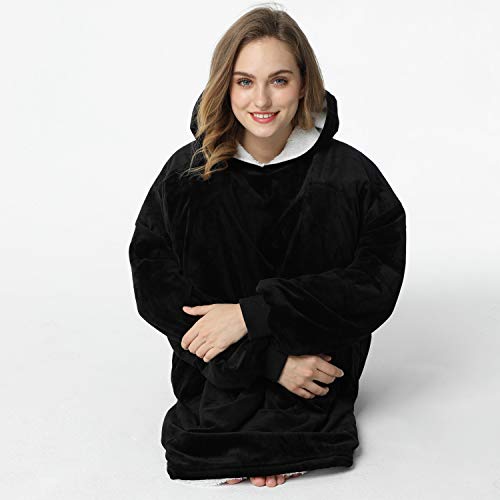 LetsFunny Oversized Hooded Blanket Sweatshirt, Super Soft Warm Comfortable Sherpa Wearable Blanket with Giant Pocket, for Adults Men Women Teenagers Kids, One Size Fits All (Black, Adult)