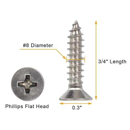 Jigreat WS-011-16 #8 X 3/4 Inch Stainless Steel 304 (18-8) Flat Head Phillips Wood Screws 100Pcs Solid Stainless Screw thumb #1