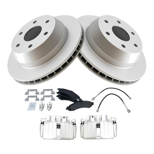 Image of TRQ Rear Brake Pad and Rotor Set Semi Metallic G Coated Rotors Calipers Compatible with 2003-2005 Chevrolet Silverado 1500 2004-2005 GMC Sierra 1500