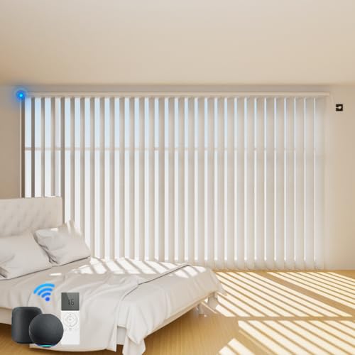 Blindify Motorized Vertical Blinds Compatible with Alexa Google Home, Blackout Sliding Door Shades Smart Vertical Blinds Remote Control Customize, White