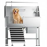 46' Heavy Duty Dog Washing Station - 304 Stainless Steel Pet Bathing Tub with Left Side Ramp, Elevated Grooming Sink with Storage Drawer & Removable Floor Grate, Outdoor Ready for Large & Medium Dogs