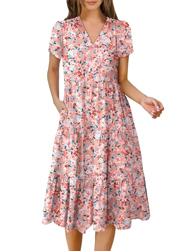 ANRABESS Women's Summer Casual Short Sleeve V Neck Midi Dresses 2025 Spring Flowy A-line Tiered T Shirts Boho Beach Dress