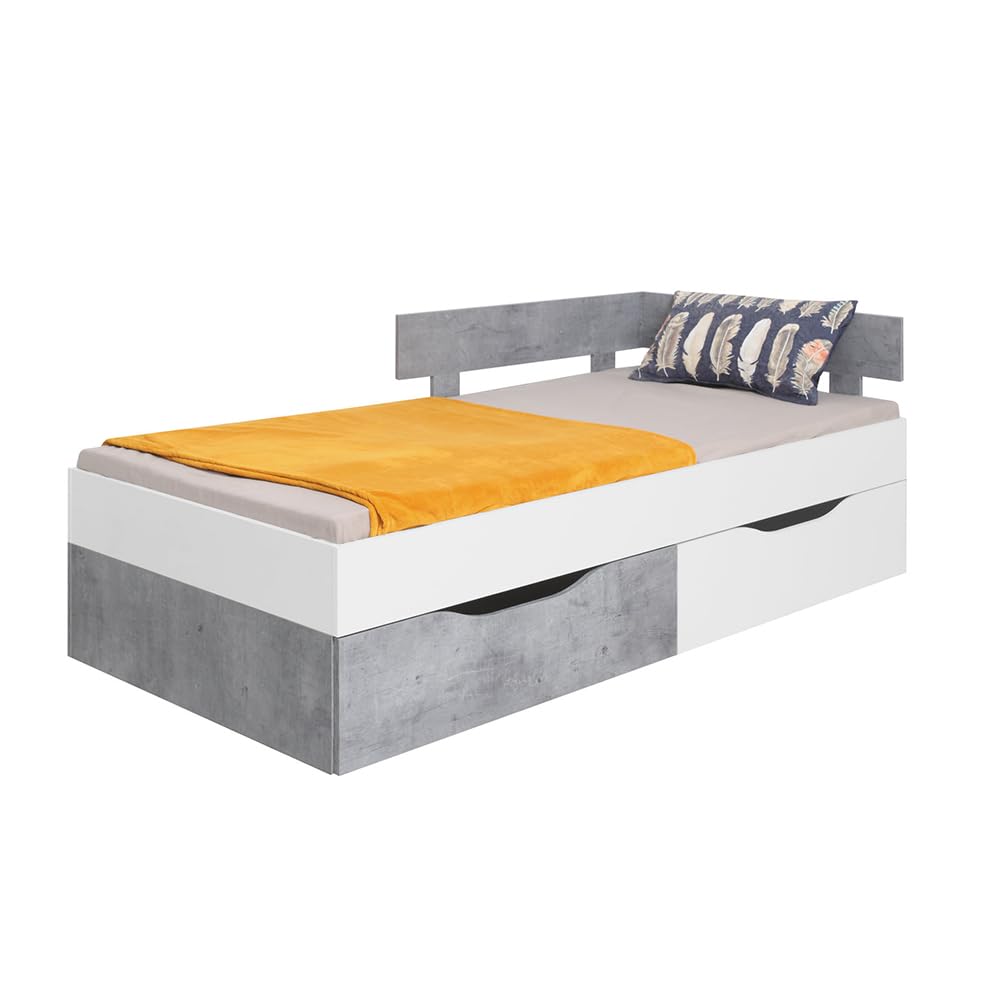 Lomadox Jugendzimmer Set 7-teilig mit Kommode, Eckkleiderschrank, 2 Regalschränke, Wandregal, Schreibtisch, Jugendbett in Beton und weiß modern