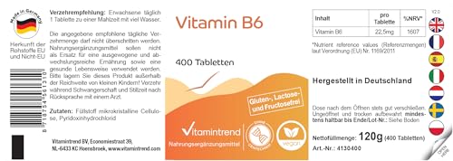 Vitamintrend Vitamin B6 22,5mg, 400 Tabletten, schluckfreundlich, hochdosiert, Nahrungsergänzungsmittel vegan ohne Magnesiumstearat, in Deutschland hergestellt