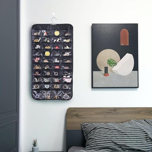 Image of Earring Organizer for Women | Hanging Jewellery Organiser with 48 Double-Sided Transparent Pockets | Earrings Holder, Necklace, Bangle Organizer | Jewelry Storage Organizer for Wardrobe Closet (Black)