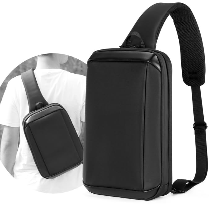 Mochila Transversal Impermeável Couro Sintético: Alça Ombro Reversível, Bolso Tablet, Organização Interna Trabalho Viagens