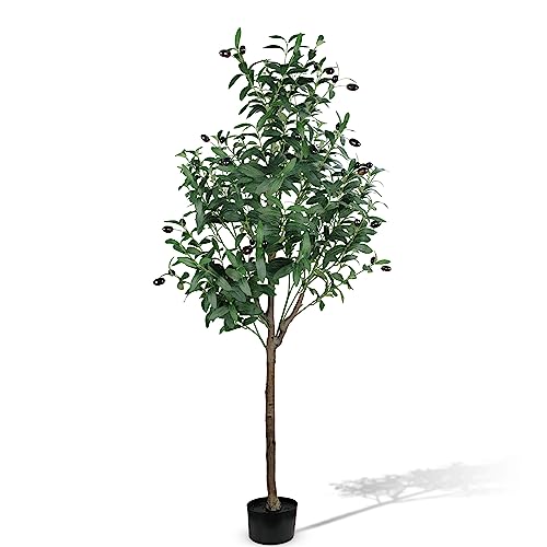 Artificial Olive Tree 5FT Tall Fake Potted Olive Tree with Faux Olive Branches and Lifelike Fruits for Modern Home décor Office Living Indoor(Contain Plastic Planter Pot)