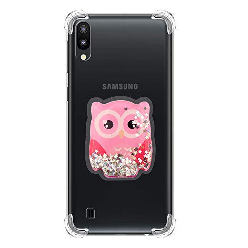 Jorisa Clear Silicone Case for Samsung Galaxy A10/M10,Ultra Slim Skin with Neck Cord,Cushion Soft TPU Bumper Liquid Glitter Cover with Shiny Cute Animal Pattern,Anti-Yellow Gel Shell,Owl
