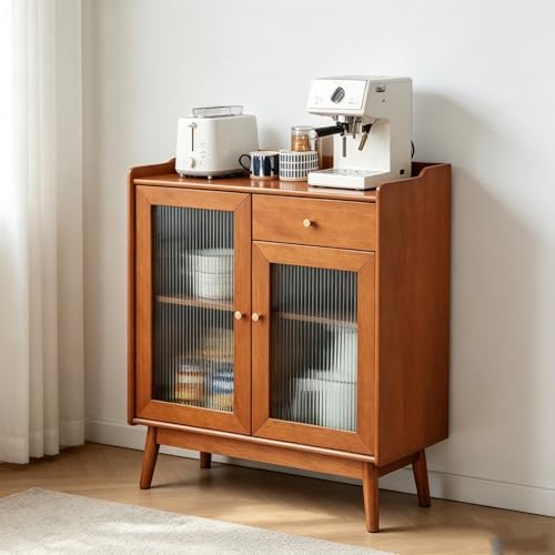CLLXDZ Aparador de Madera Maciza, Mueble Independiente con Cajones, Estantes de Vidrio Templado y Puertas de Vidrio Estriado para Cocina y Salón(Yellow)