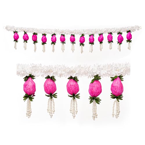 Artificial Pink Lotus Toran for Home Temple & Door Decoration – Floral Bandhanwar with White Garland Base and Pearl Droplets (Pink Lotus)