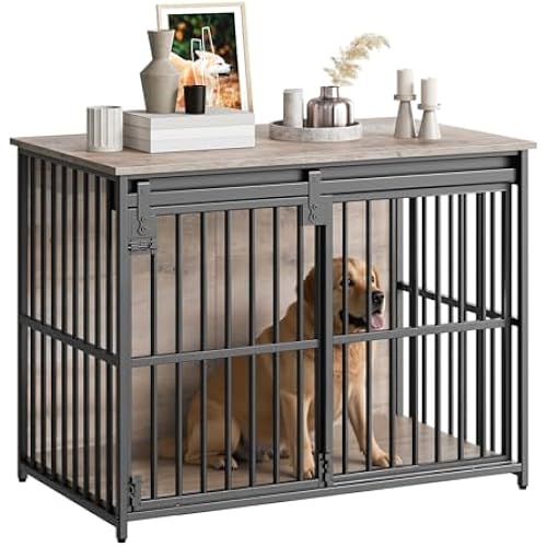 HOOBRO Dog Crate Furniture, 36.6" Heavy Duty Dog Kennel with Sliding Barn Door, Wooden Dog Cage Indoor, Decorative Side End Table for Small/Medium Dogs, Greige and Black GY162GW03G1