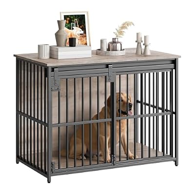 HOOBRO Dog Crate Furniture, 36.6" Heavy Duty Dog Kennel with Sliding Barn Door, Wooden Dog Cage Indoor, Decorative Side End Table for Small/Medium Dogs, Greige and Black GY162GW03G1