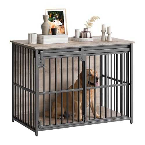 HOOBRO Dog Crate Furniture, 36.6" Heavy Duty Dog Kennel with Sliding Barn Door, Wooden Dog Cage Indoor, Decorative Side End Table for Small/Medium Dogs, Greige and Black GY162GW03G1 by HOOBRO - Used condition - US$109.99