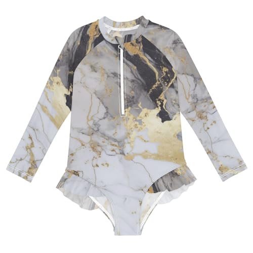ALAZA Swimsuit for Girls Long Sleeve Rashguard Bathing Suit Marble White Gold Quick Dry 4T