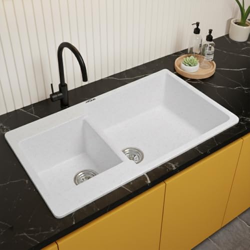 Image of ARQUIN Double Bowl Quartz Kitchen Sink 34x20x9 Inch Rosa | Durable & Scratch-Resistant Sink | Undermount,Topmount | Including Coupling,Sink Connector,Waste Pipe & Fruit Washing Basket