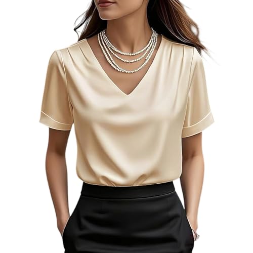 Chemisier Satin Chic Et Élégant Blouse Satinée Femme Col en V Manches Courtes Chemise Satin Doux Top De Bureau Tunique Shirts Haut Soie pour...