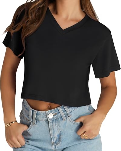 Image of Womens Crop Tops Short Sleeve V Neck Summer Cropped T Shirts Baisc Tees