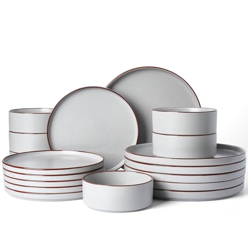 Image of Famiware Nebula Ridge Stoneware Dinnerware Sets for 6, Plates and Bowls Sets, 18 Pieces Dishes Set, Microwave and Dishwasher Safe Kitchen Plates, Light Gray