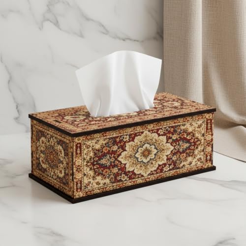 Image of Vintage Cream Floral Printed Tissue Box Holder Elegant Wooden Tissue Box Cover for Dining Table, Bedroom & Office 6.5x5x3 Inch
