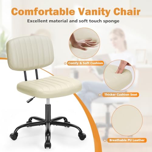 Sweetcrispy Small Office Desk Chair, Armless PU Leather Chair with Comfy Lumbar Support, Height Adjustable Rolling Swivel Task Chair for Adult, Student, Home, Vanity, Beige - 3