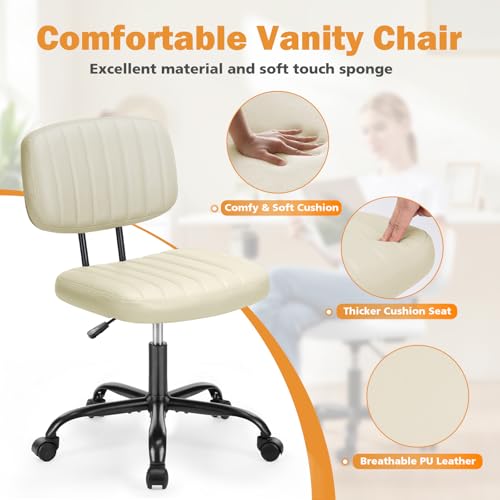 Image of Sweetcrispy Office Desk Chair, Small Vanity Chair, Lumbar Support | Armless PU Leather, Height Adjustable Rolling Swivel Task, Bedroom Home Student, Beige White