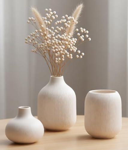 White Ceramic Vases for Decor, 3 Set Small Modern Minimalist
