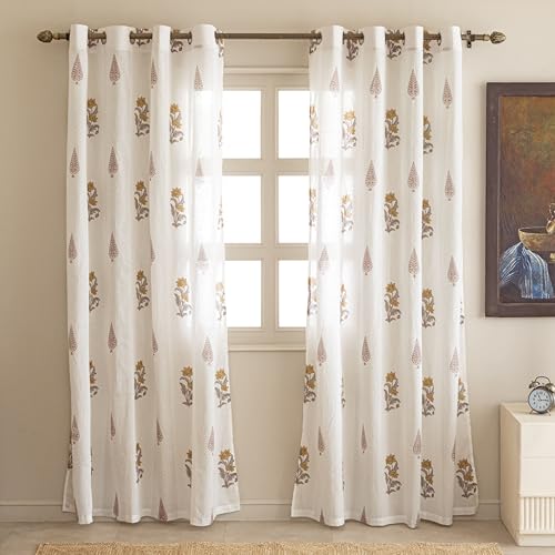 Image of Clasiko Block Print Sheer Door Curtains; 40% Light Filtering Linen Textured Curtains with Eyelets; Set of 2; 54x108 Inches / 9 Feet; Kalamkari Leaf
