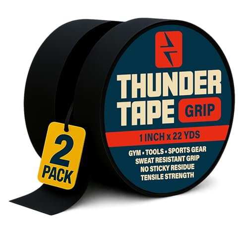 Thunder Tape 2 Pk Grip Tape - Cloth Grip Tape for Pull Up Bars, Sports, Tools, Handles, Bats, Rackets, Gym Equipment, Wire Wrap - No Residue, Sweat Resistant, 1 Inch x 66 Feet Each Roll - Black