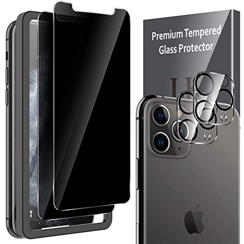 4 Pack LK 2 Pack Anti Spy Privacy Tempered Glass Screen Protector + 2 Pack Camera Lens Protector for iPhone 11 Pro 5.8-inch, Tempered Glass, Easy Frame Installation, HD Ultra-Thin