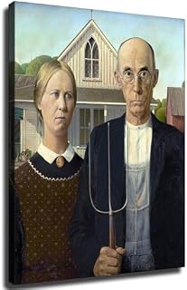 Grant Wood American Gothic - Realistic Retro World Famous Masterpiece Modern Posters Decorative Paintings Wall Art Printing Aesthetics Suitable for Living Room Kitchen Home Furnishings Background (24x32inch-Unframed)