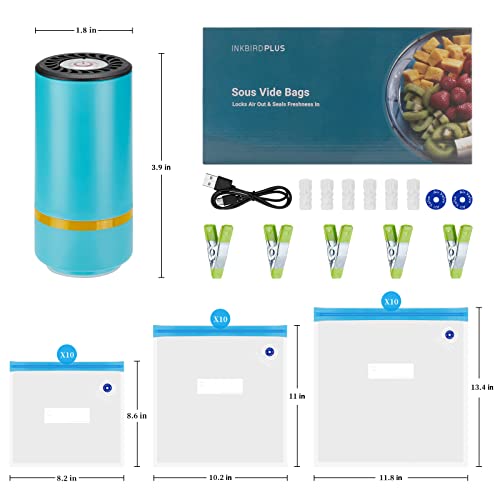 INKBIRD Sous Vide Bags Kit, 44PCS - 30 BPA Free Reusable Sous Vide Bags for Anova, Joule and Other Sous Vide Cookers with 3 Commonly Sizes Bags, 5 Clips, 6 Sealing Clips, 2 Air Valves,1 Electric Pump