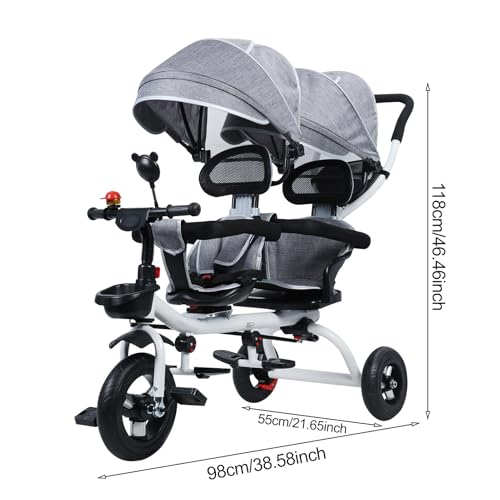 Doppelsitz-Dreirad-Kinderwagen, Anti-Rollover-Tandem-Trike mit Schiebegriff und stoßfesten Gummirädern, 98 cm Länge und 100 cm Höhe, für 2–8 Jahre, Outdoor-Kinder fahren auf Fahrrad, Grau – Bild 8