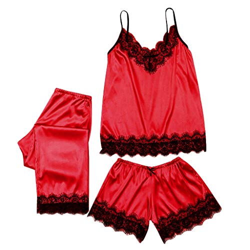 Lingerie pyjamas satin 3PC résolvant l'inconfort nocturne avec caraco dentelle souple rouge 3XL