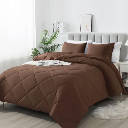 SUVAMJAM 3-Piece Full Comforter Set,All-Season,Soft & Hypoallergenic &Breathable Bedding,Polyester Quilted,Down Alternative(Comforter*1 & Pillowcases*2),Chocolate